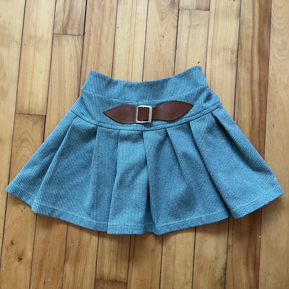 Kata Size 10 Pleated Skirt with Faux Leather Buckle Detail Aqua Houndstooth
